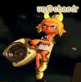 A gold inkling girl from the game Splatoon 2, holding a weapon that looks like a washing machine. She is jumping.